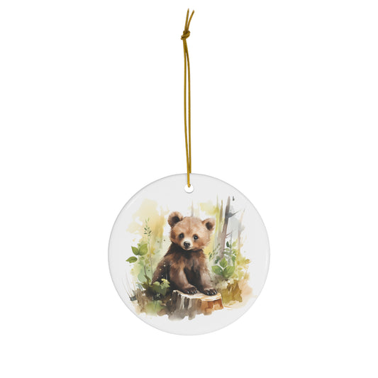 Cute Watercolor Baby Bear in the Woods Ceramic Ornament