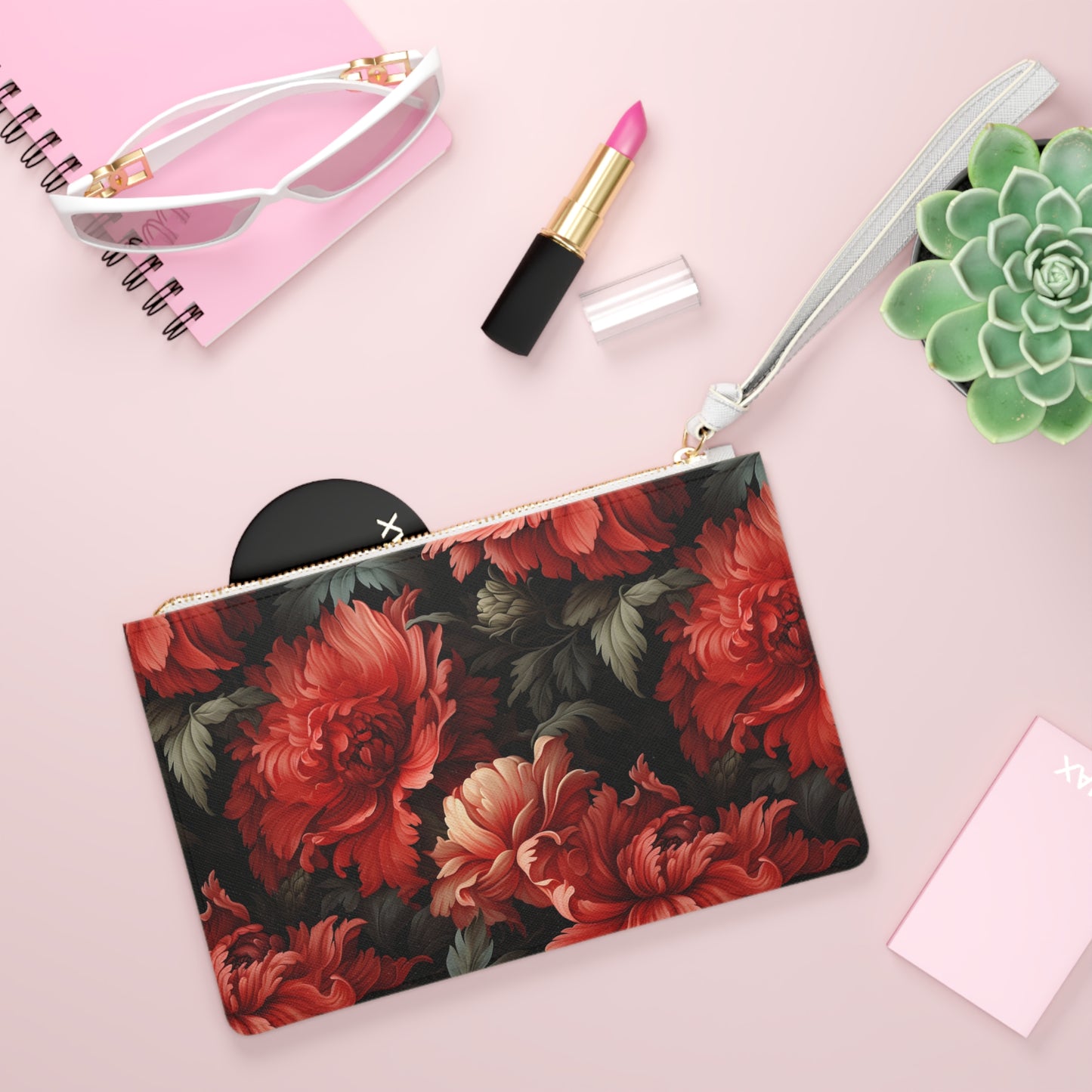 Damask Style Red Peony Flower Clutch Bag