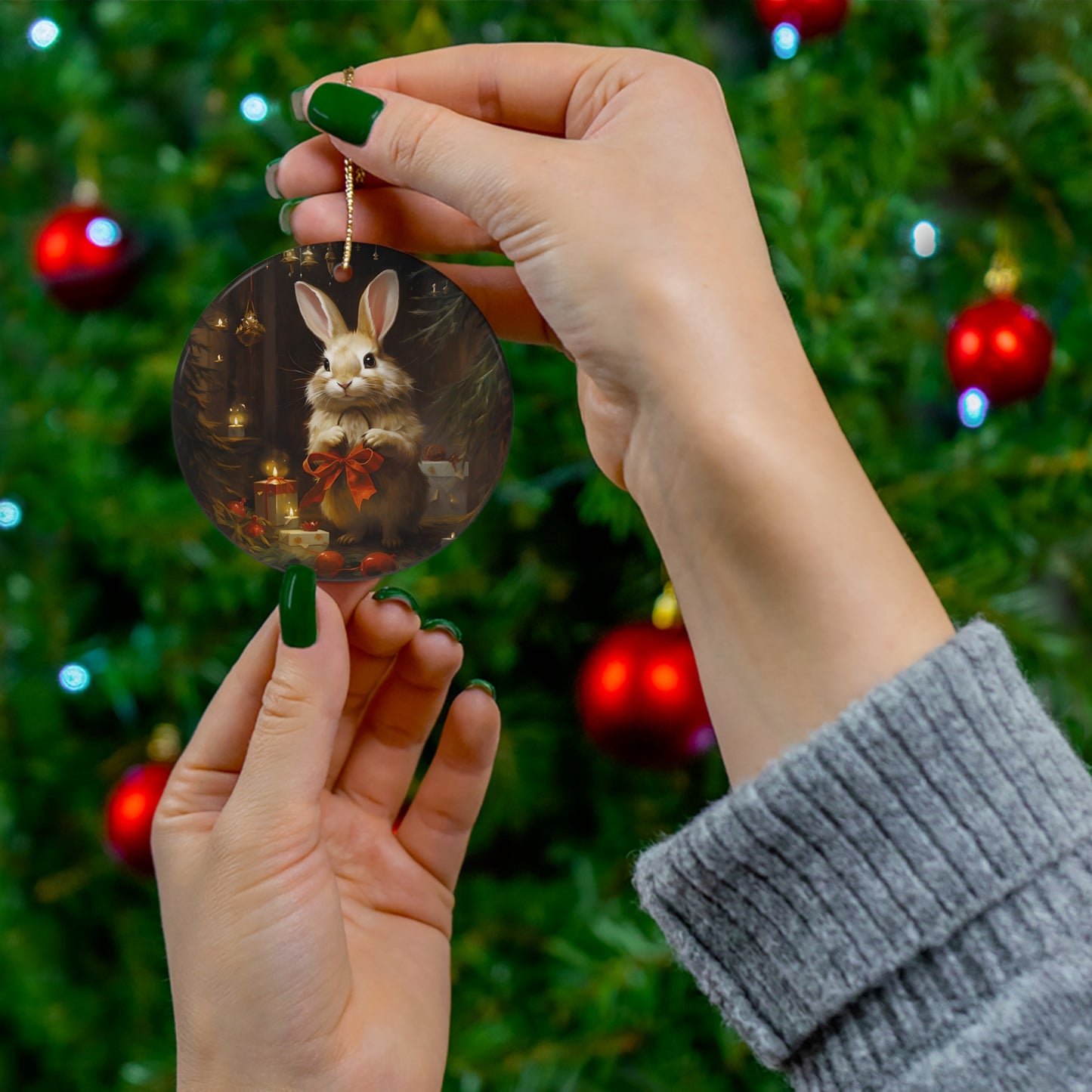 Cute Bunny Rabbit Holding a Christmas Bow Ceramic Ornament