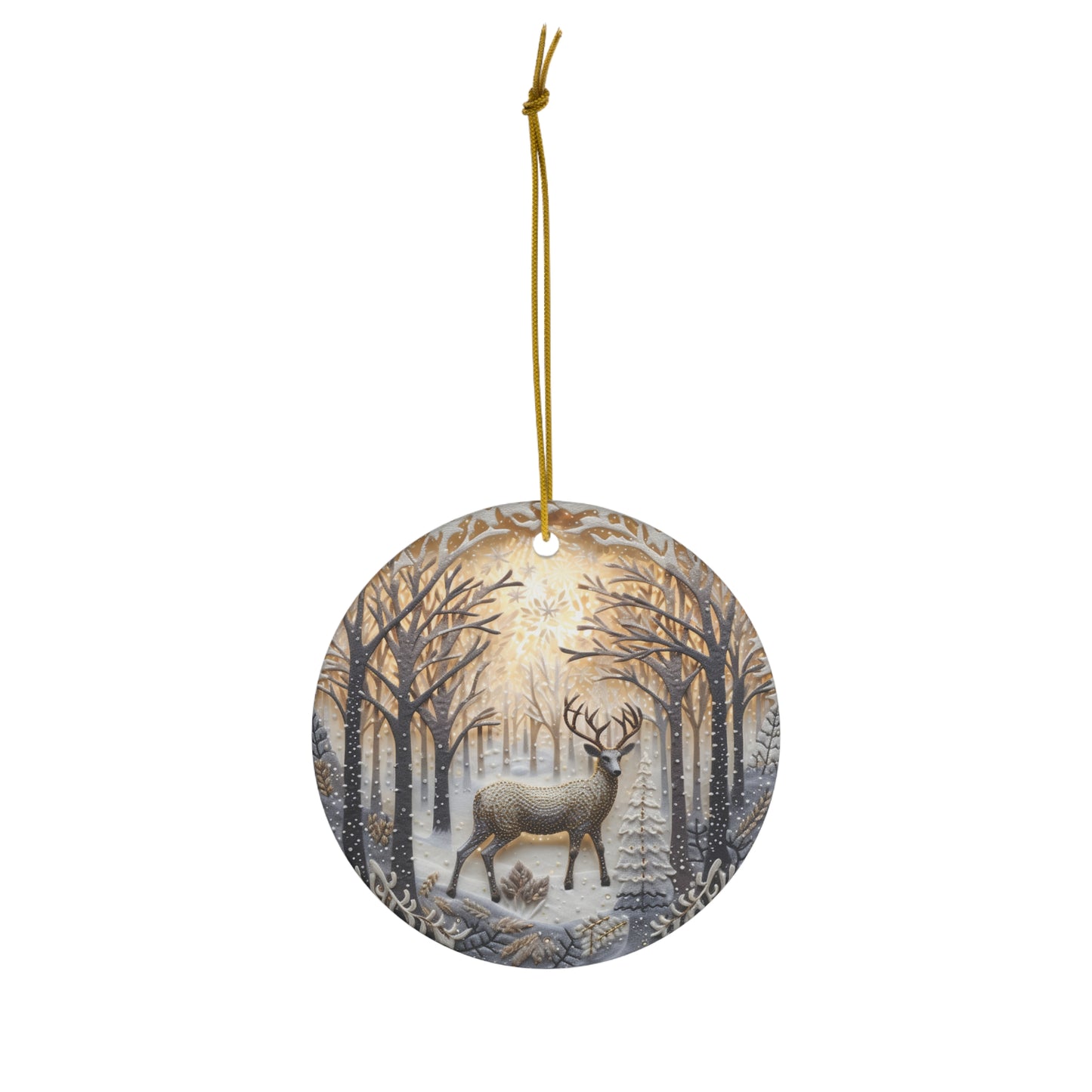 Embroidery Style Buck in Snow Ceramic Ornament