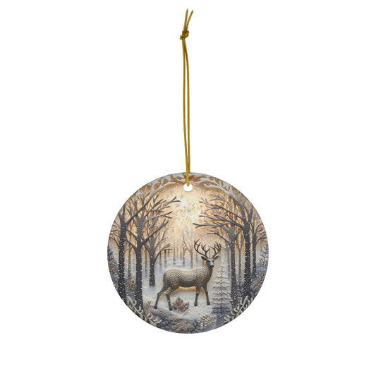 Embroidery Style Buck in Snow Ceramic Ornament