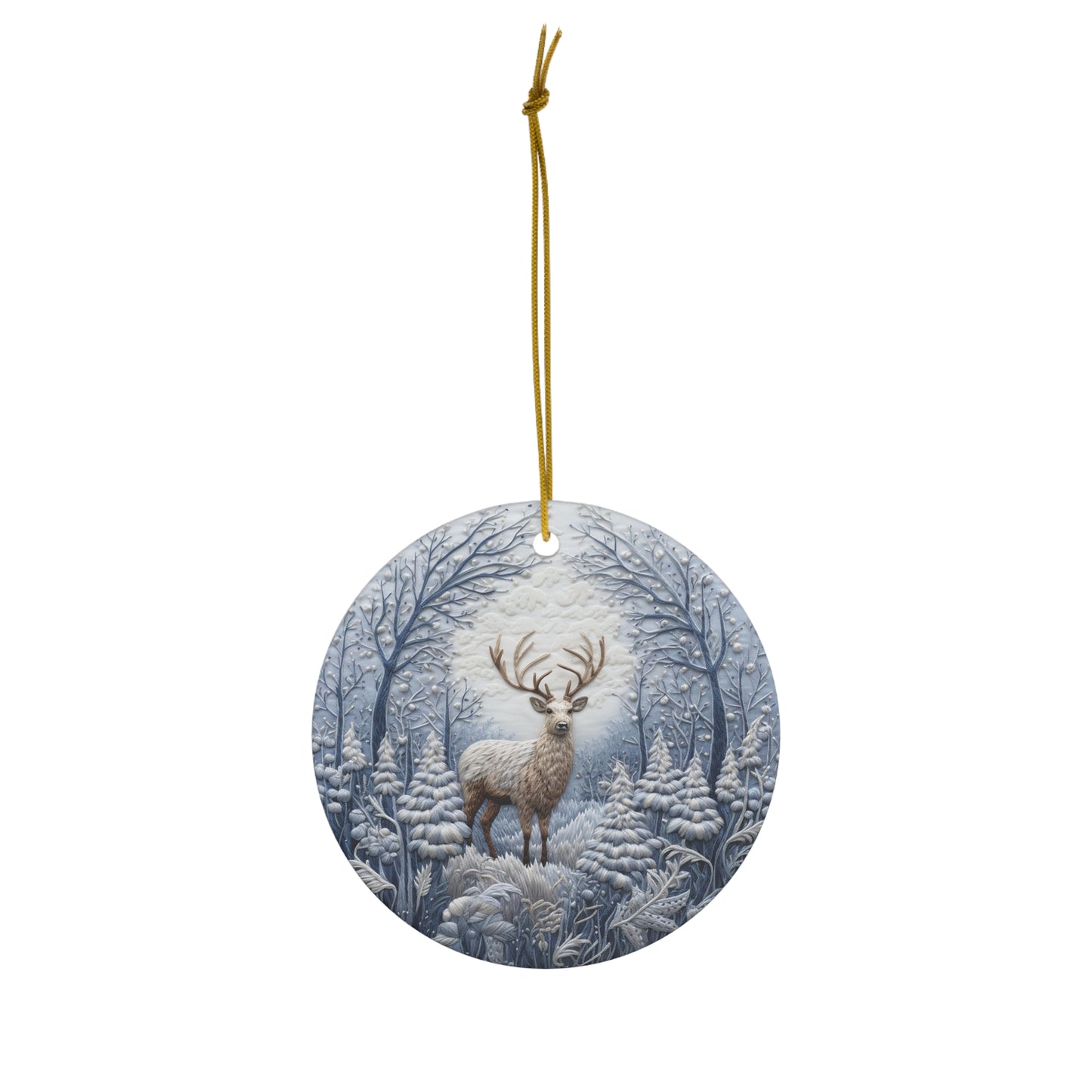 Blues Embroidery Style Buck in Snow Ceramic Ornament