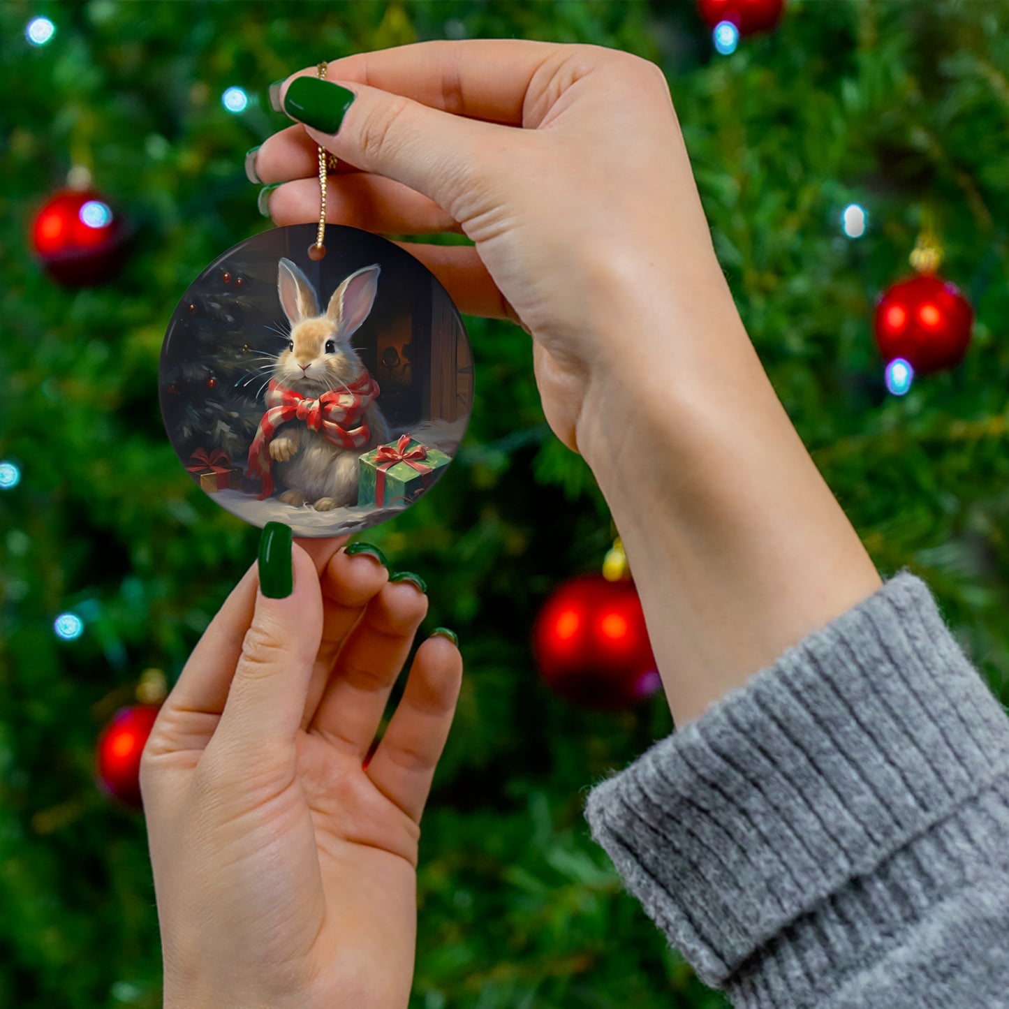 Cute Bunny Rabbit At Christmas Tree Ceramic Ornament