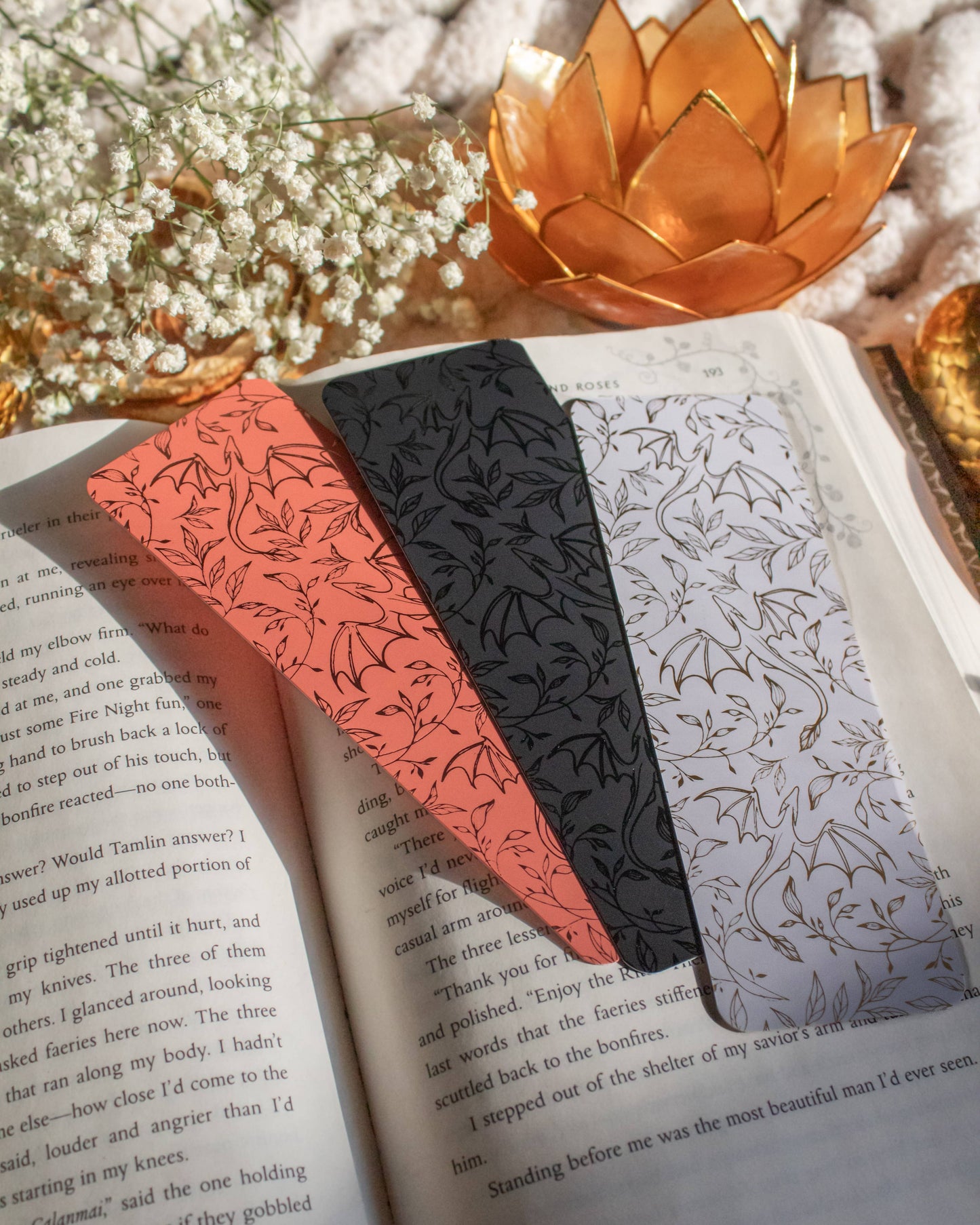 Rose Gold Foil & Coral Floral Dragons Bookmark | Soft Touch