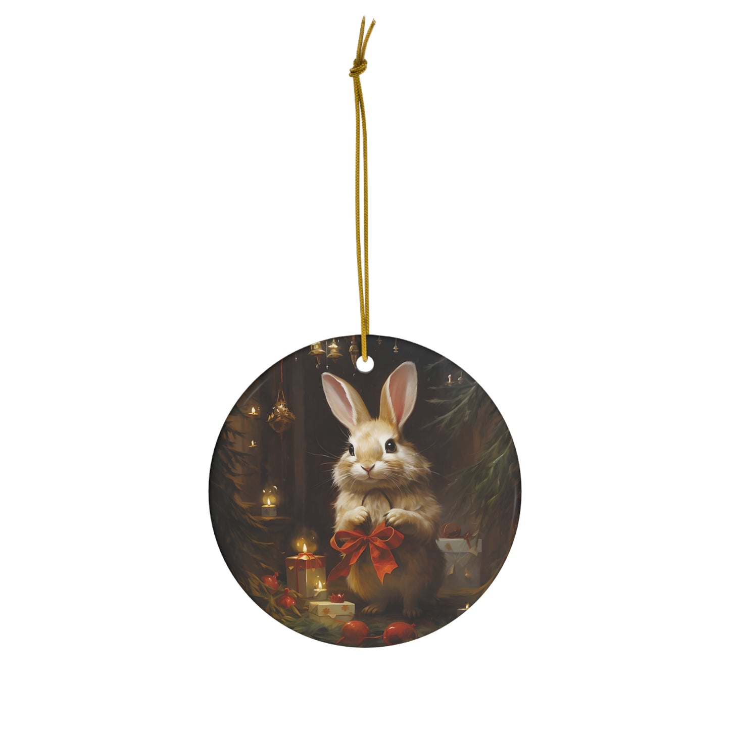 Cute Bunny Rabbit Holding a Christmas Bow Ceramic Ornament