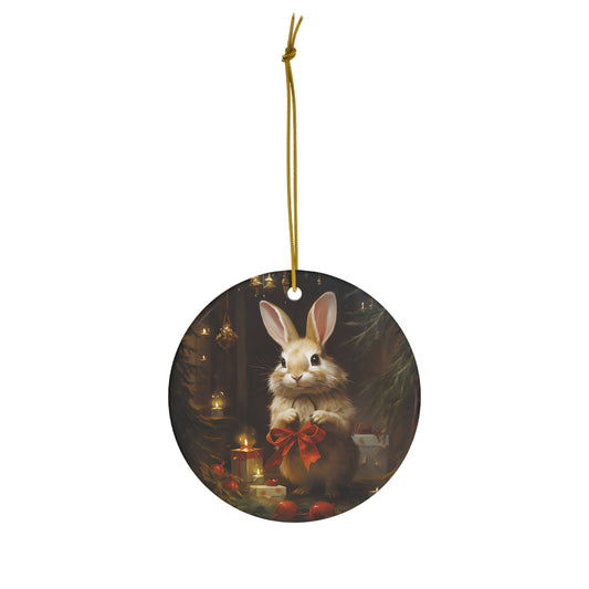 Cute Bunny Rabbit Holding a Christmas Bow Ceramic Ornament