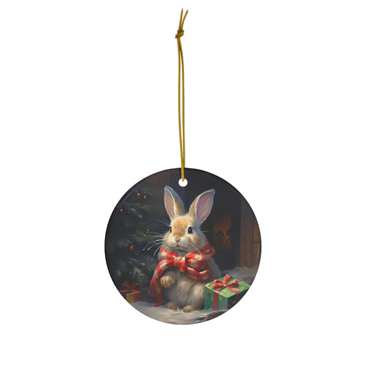 Cute Bunny Rabbit At Christmas Tree Ceramic Ornament