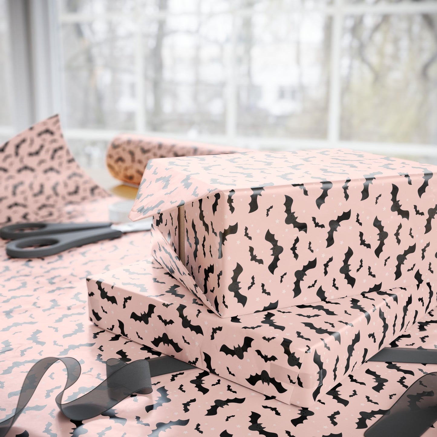 Wrapping Paper - Cute Bat with Pastel Pink Background - Halloween Spooky Gift Wrap