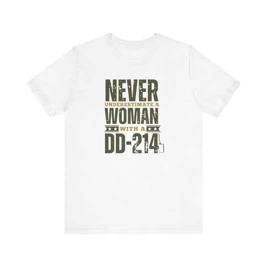 Woman with a DD214 Unisex Jersey Short Sleeve Tee