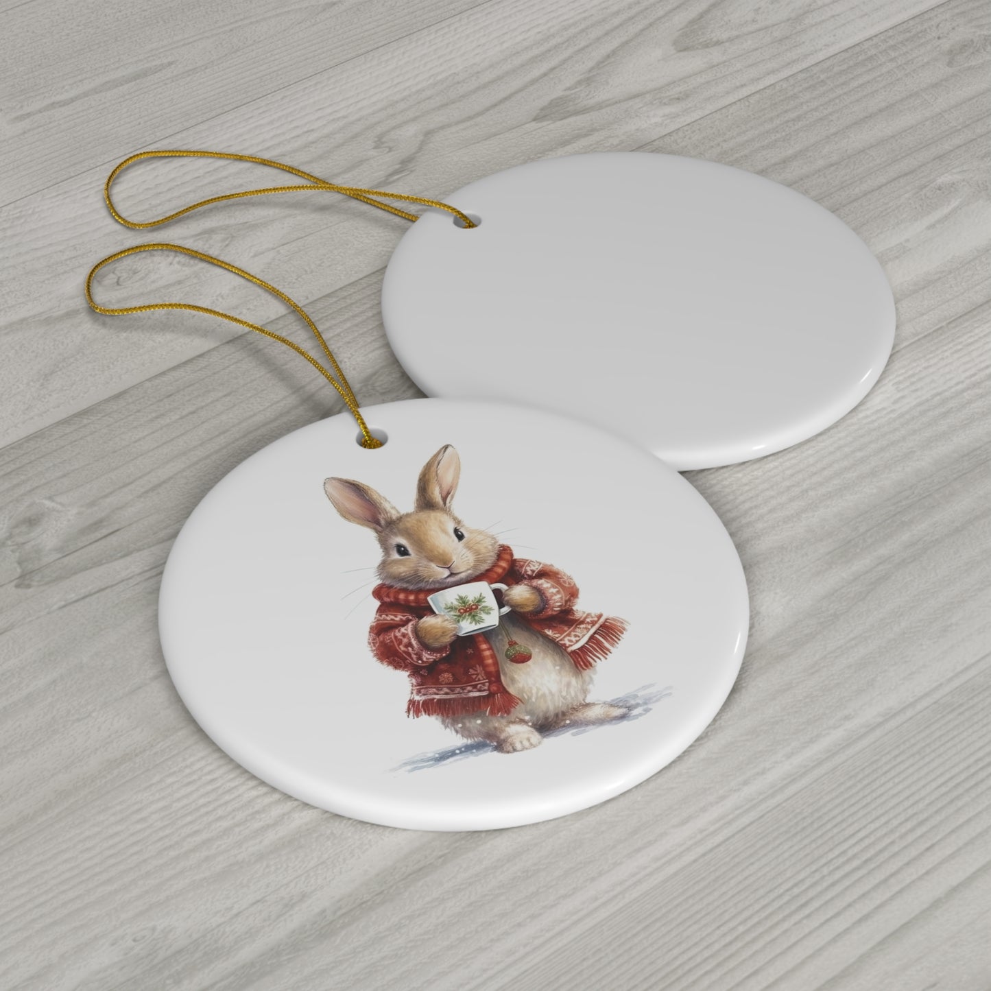 Cute Christmas Bunny in Sweater Ceramic Ornament