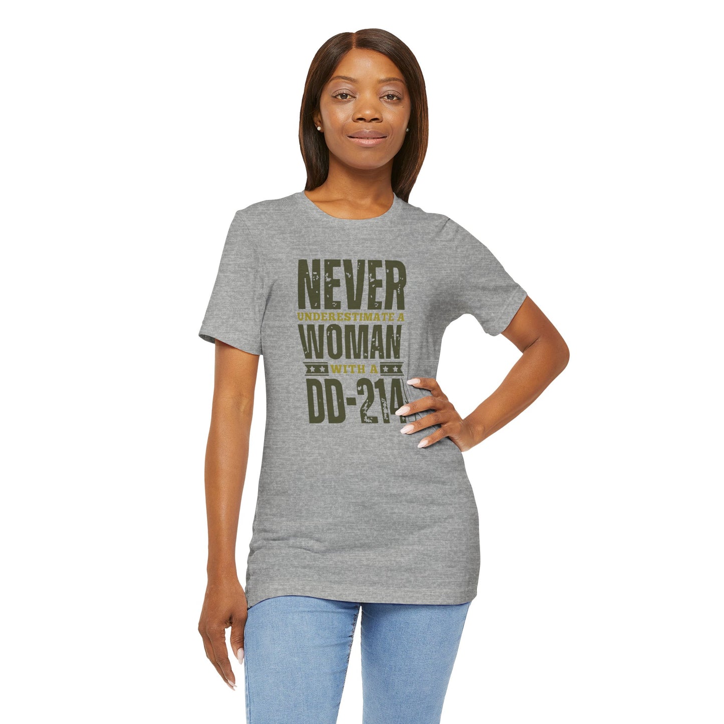 Woman with a DD214 Unisex Jersey Short Sleeve Tee