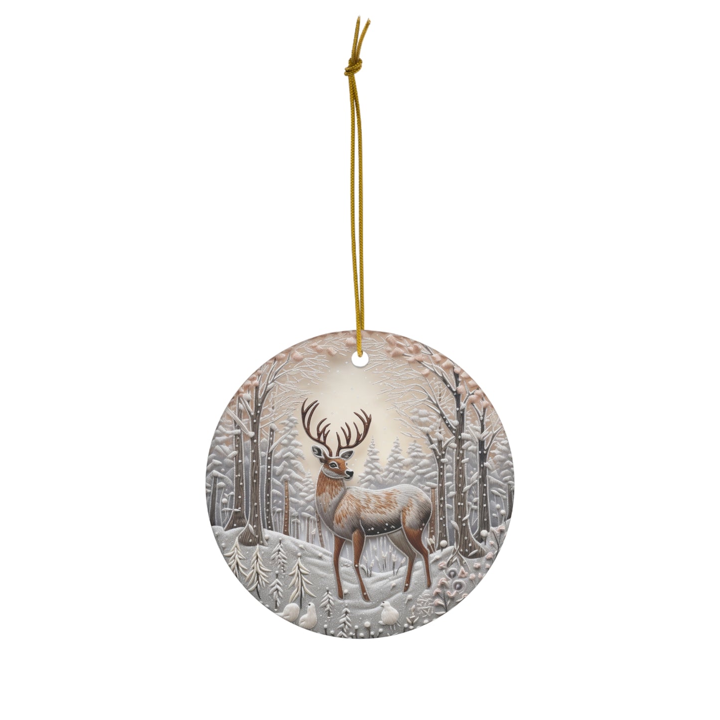 Embroidery Style Buck in Snow Ceramic Ornament