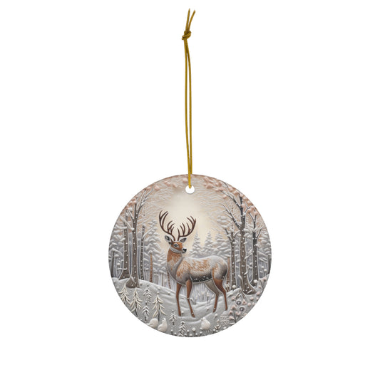 Embroidery Style Buck in Snow Ceramic Ornament