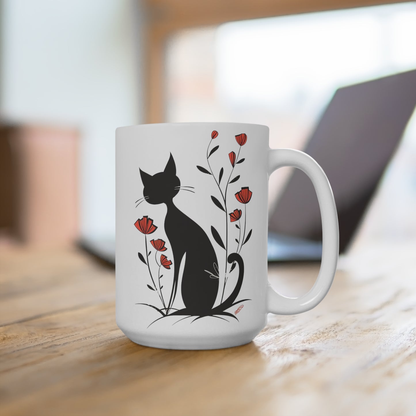 Black Cat With Flowers Mug 15oz