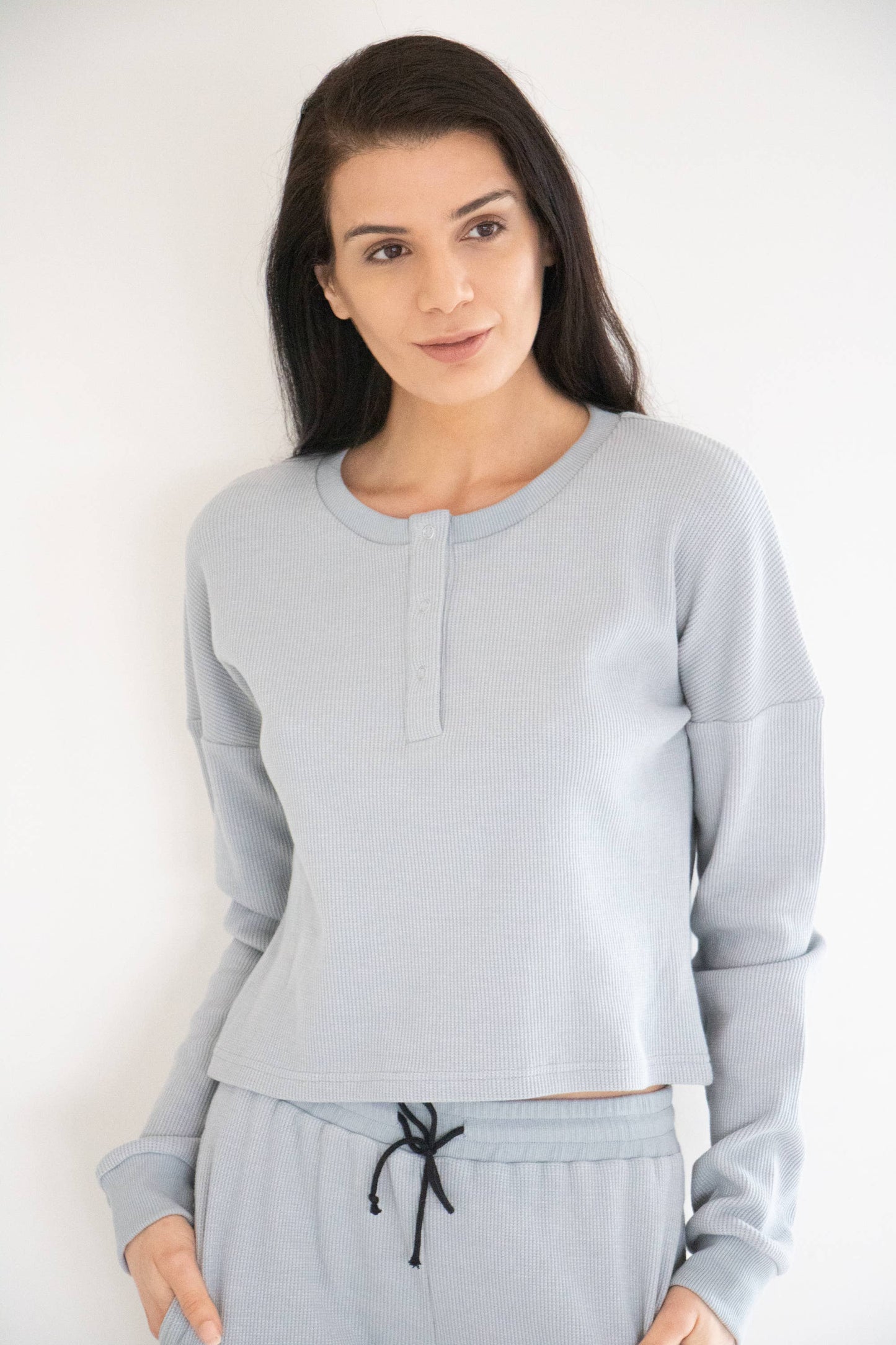 Henley Waffle Top in Cloud Blue