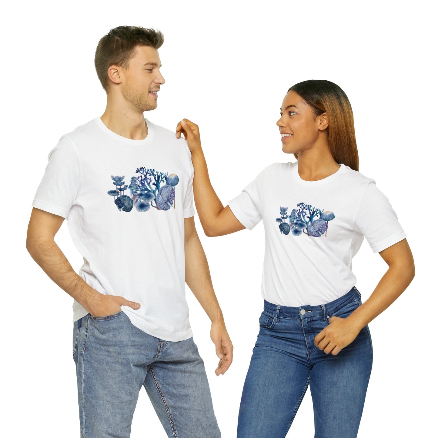 Unisex Watercolor Blue Mushrooms Jersey Short Sleeve Tee