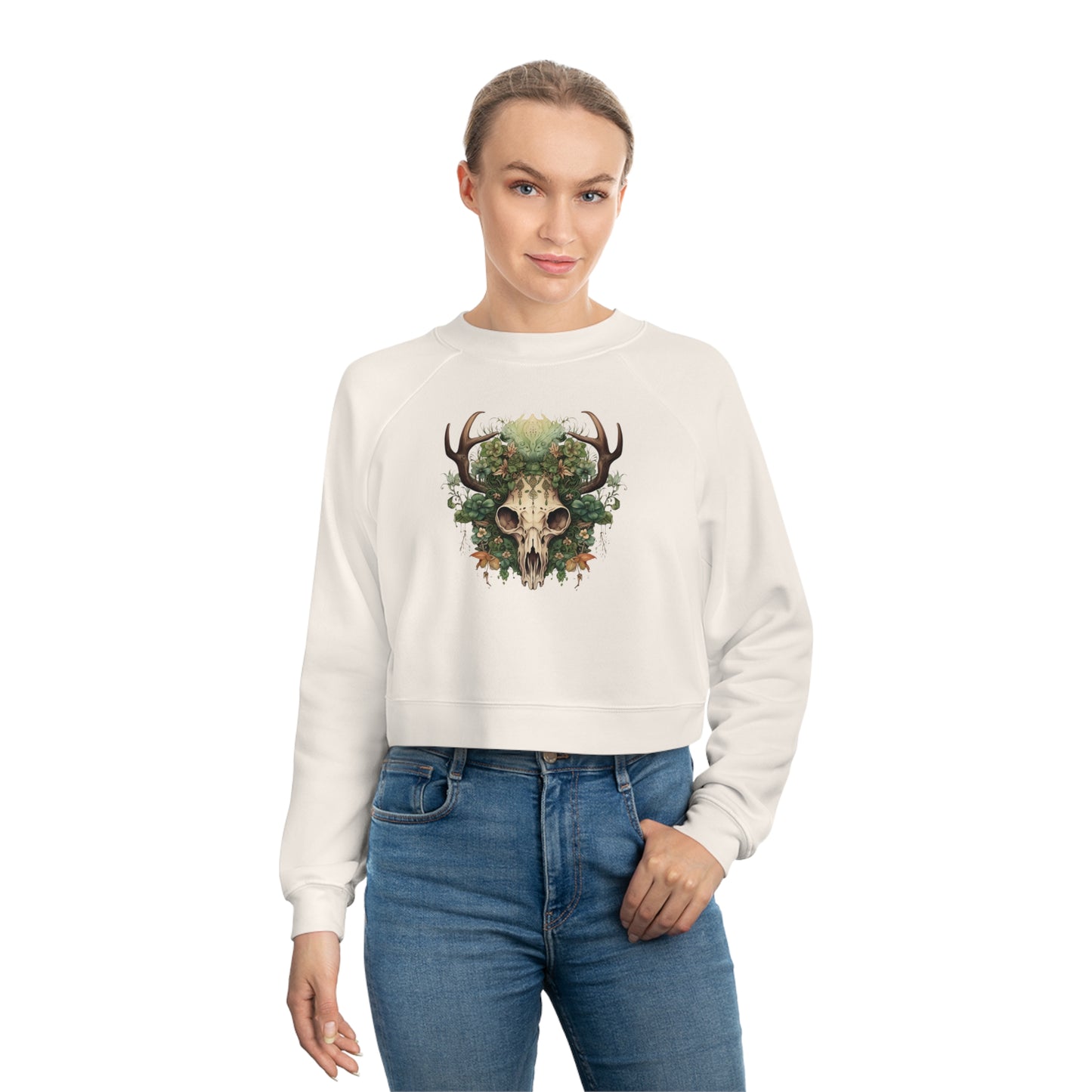 Mystical Botanical Deer Skull Witchy Women's Cropped Fleece Pullover