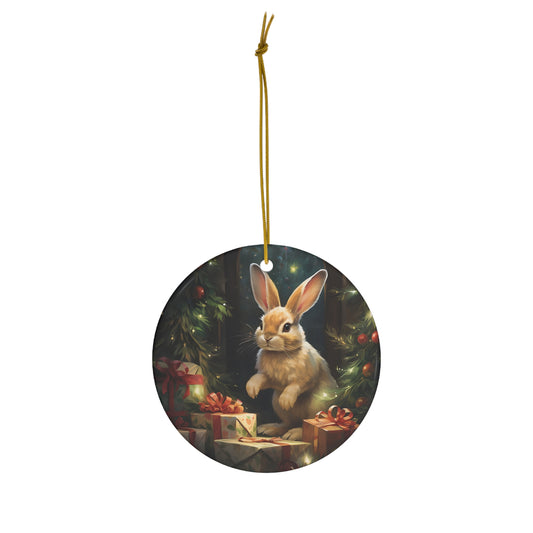 Cute Bunny Rabbit by Christmas Tree Ceramic Ornament