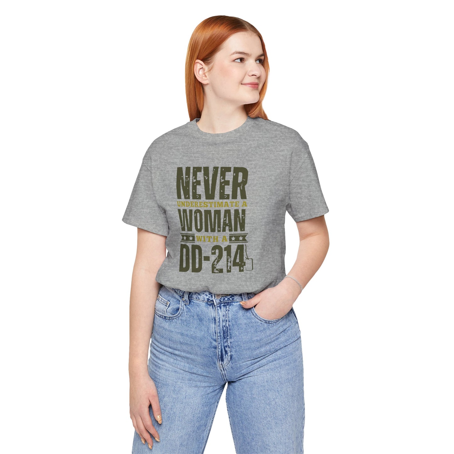 Woman with a DD214 Unisex Jersey Short Sleeve Tee