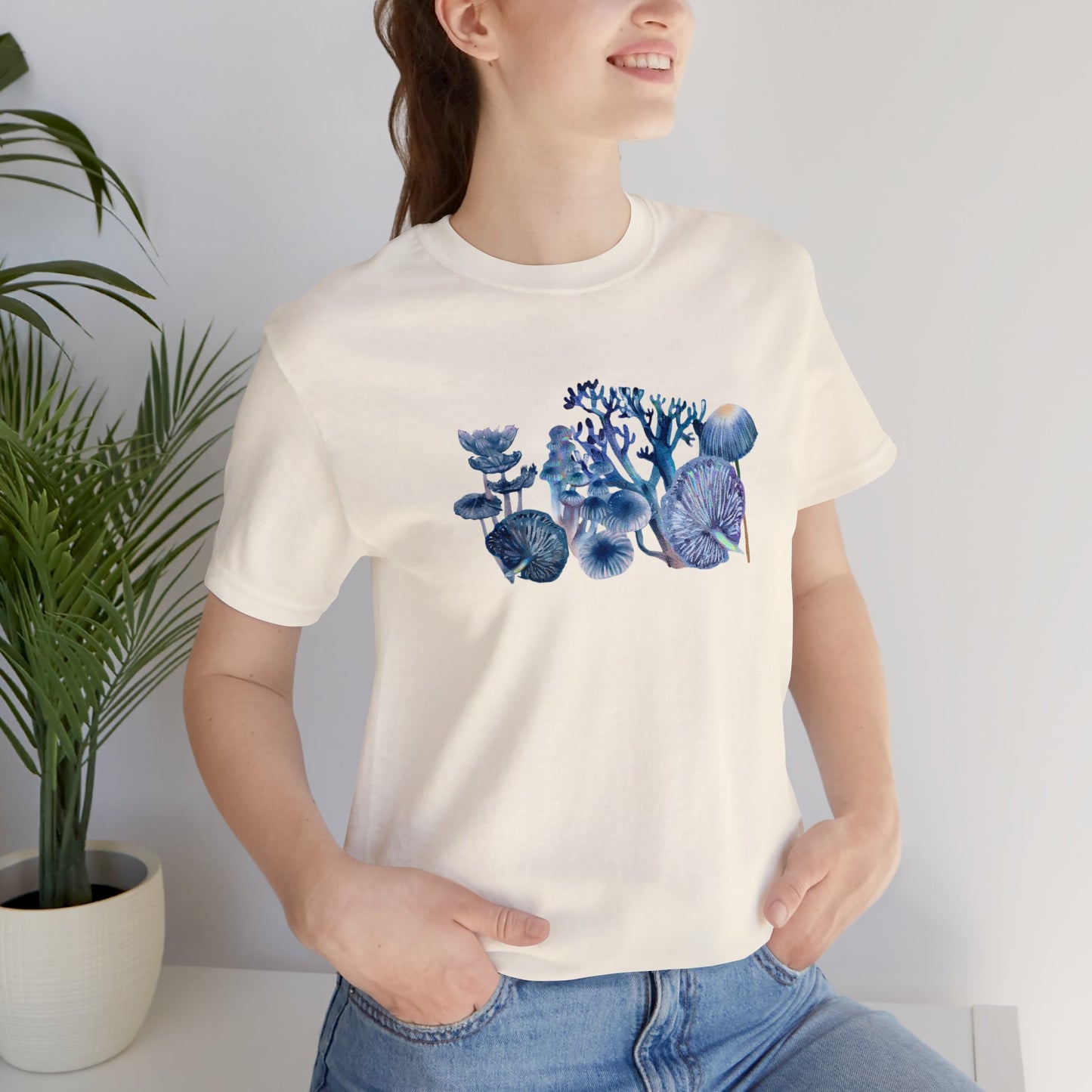 Unisex Watercolor Blue Mushrooms Jersey Short Sleeve Tee