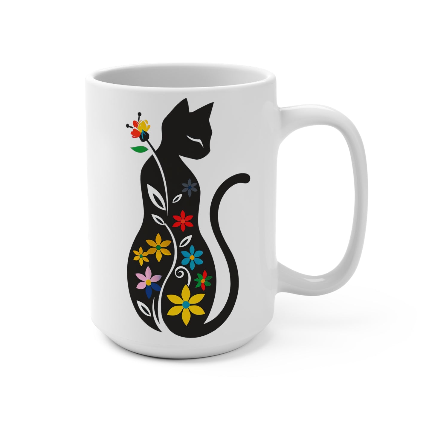 Black Cat Floral Mug 15oz