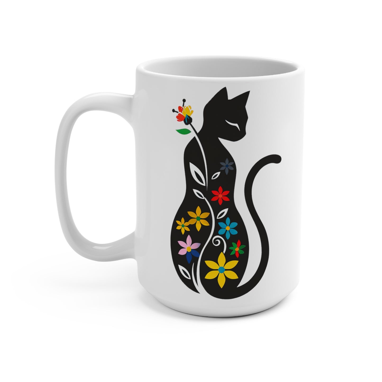 Black Cat Floral Mug 15oz