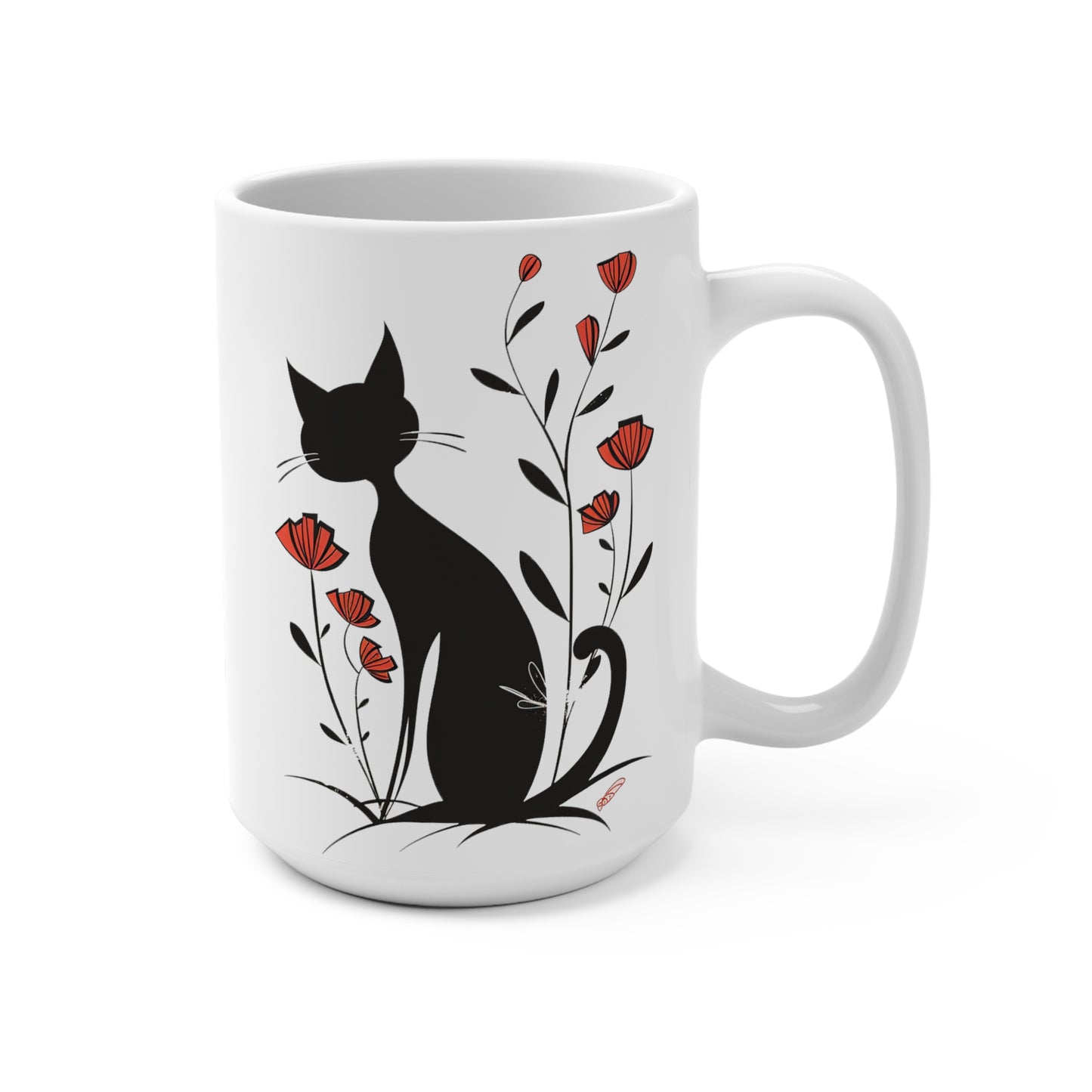 Black Cat With Flowers Mug 15oz