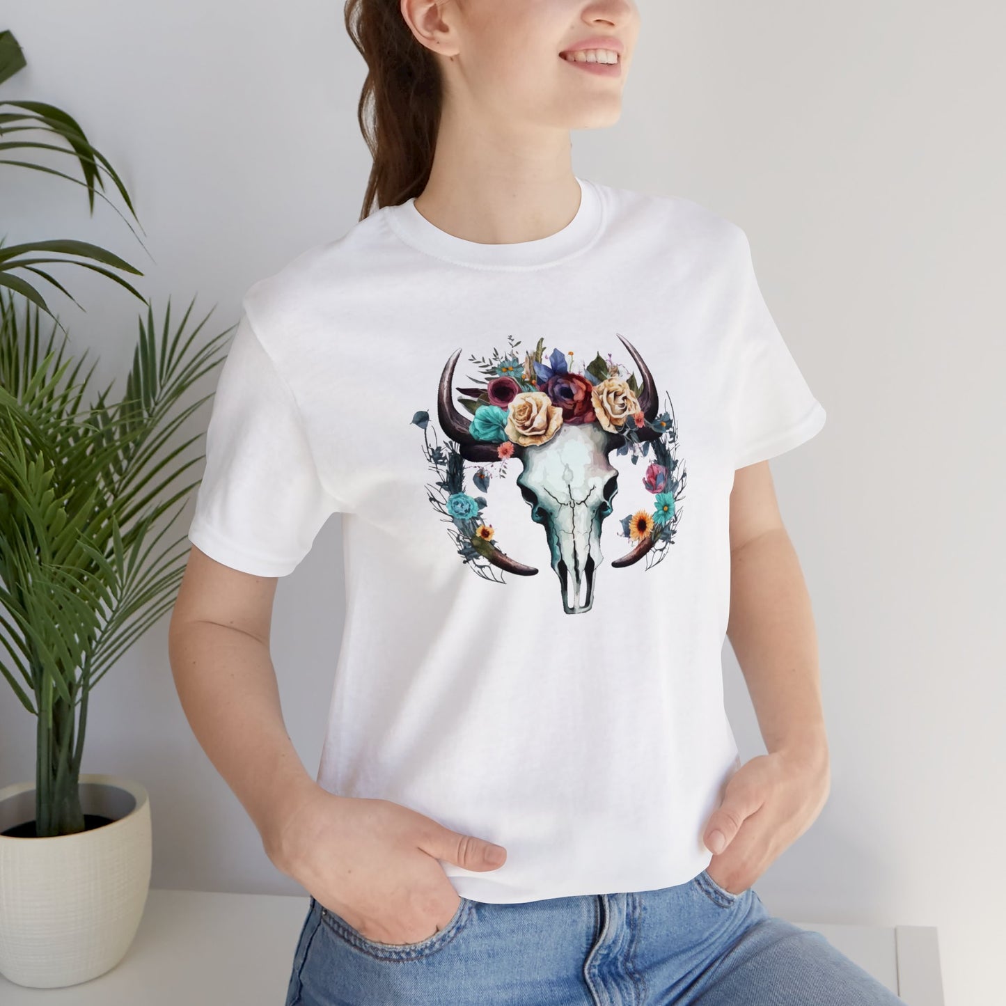 Floral Animal Skull Boho Unisex Jersey Short Sleeve Tee