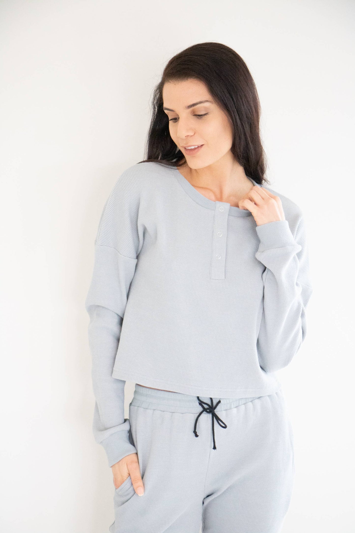 Henley Waffle Top in Cloud Blue