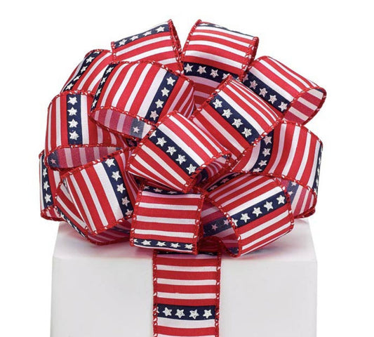 Satin Red and White Striped Ribbon with Navy Blue Accent and Glitter Stars #9  - 20 Yards, 1 1/2" Wide