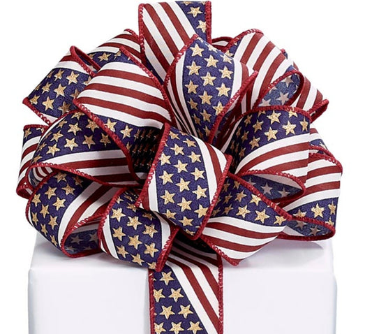 Red and White Striped Ribbon with Navy Blue and Gold Accents #40  - 20 Yards, 2.5" Wide