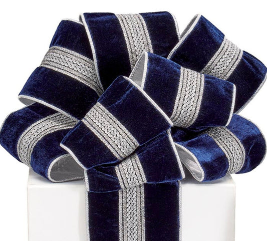 Navy Velvet Ribbon with Metallic Silver Details #100  - 3 7/8" Wide, 5 Yards
