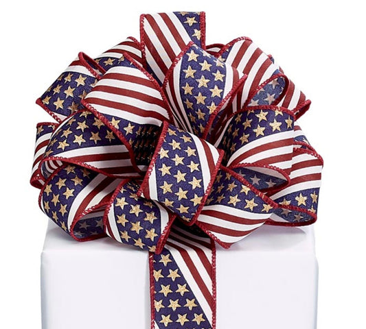 Red and White Striped Ribbon with Navy Blue and Gold Accents #9  - 20 Yards, 1.5" Wide