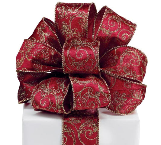 Dark Red Velvet Ribbon with Gold Glitter Filigree - 2.5" Wide x 20 Yards #40 Bow Ribbon