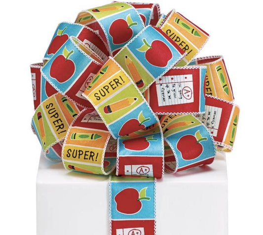 Teacher Ribbon - Wired Satin Fabric with Apples, Pencils, Crayons, and SUPER! - #9 20 Yards