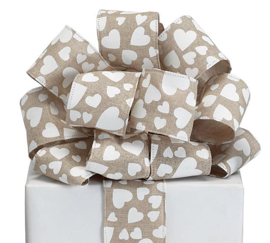 Khaki Ribbon with White Heat-Pressed Hearts - Sewn Wired Edge #40 20 Yards