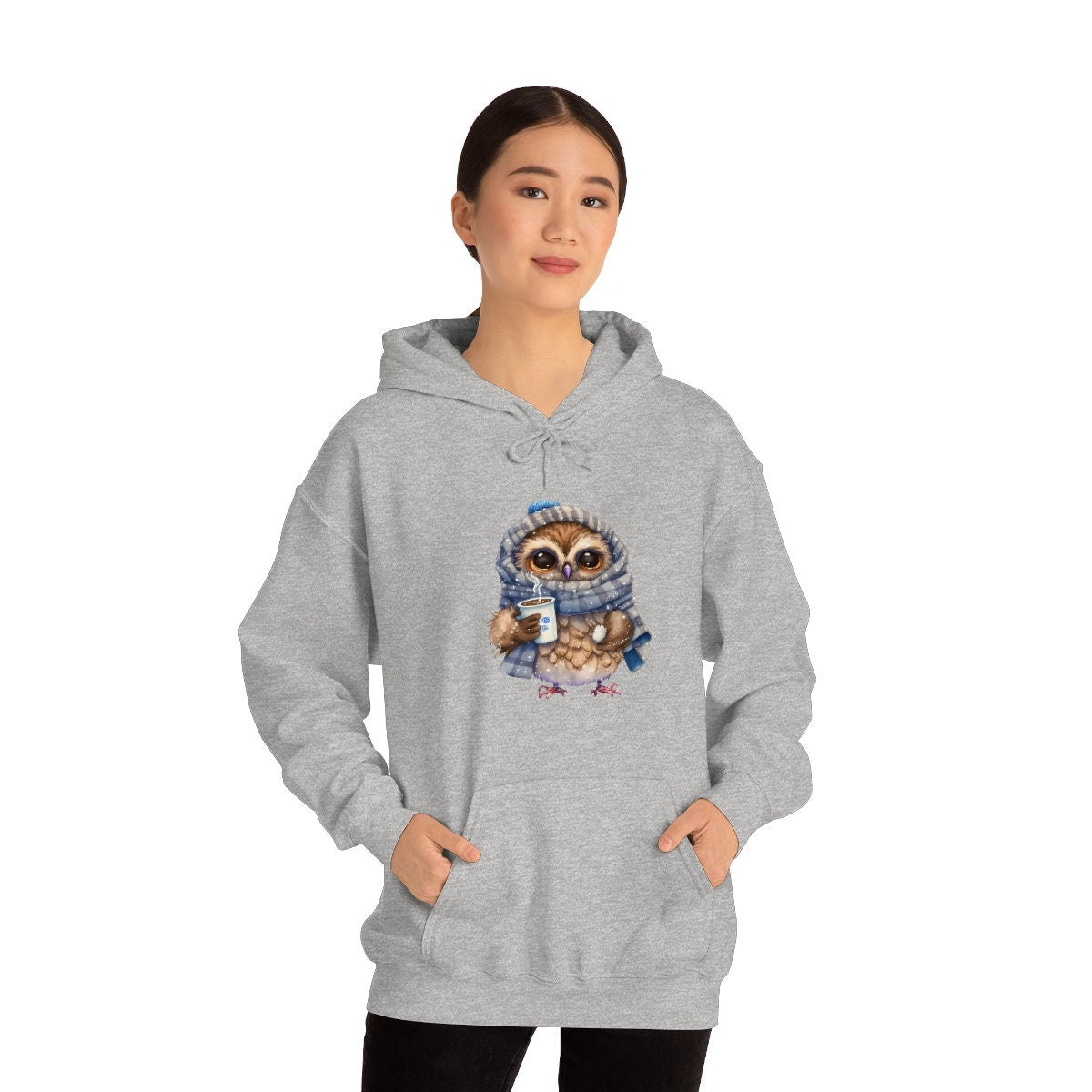 Unisex Cozy Winter Owl Blue Scarf and Mug Heavy Blend Hooded Hoodie Sweatshirt