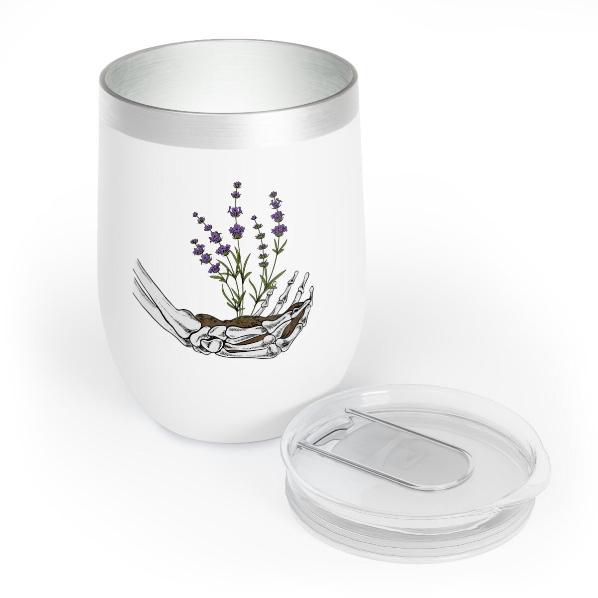 Skeleton Hand with Purple Flowers and Dirt Chill Wine Drink Tumbler