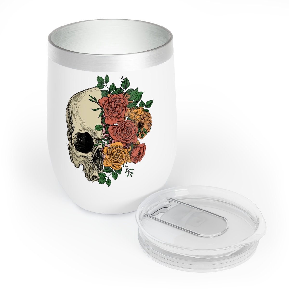 Skull with Yellow and Orange Flowers Chill Wine Drink Tumbler with Lid Gift for Her