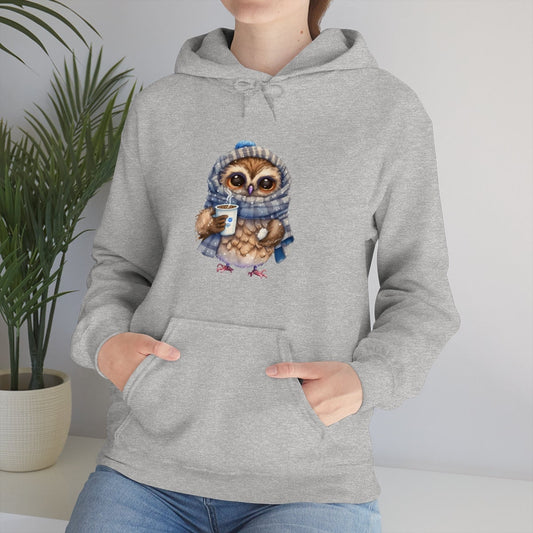 Unisex Cozy Winter Owl Blue Scarf and Mug Heavy Blend Hooded Hoodie Sweatshirt