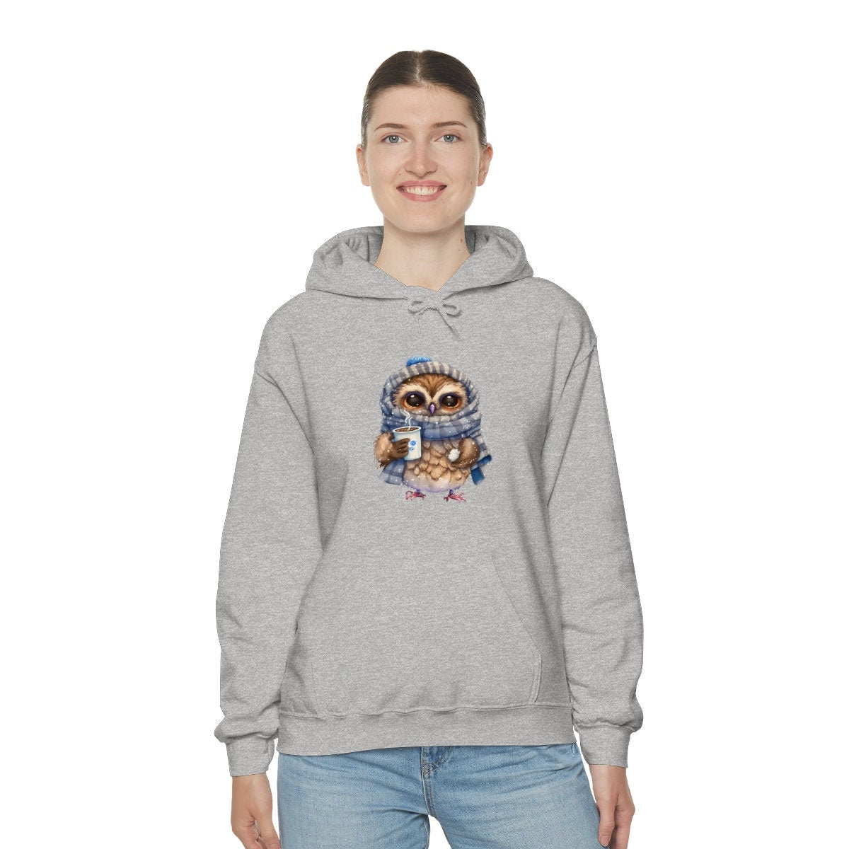 Unisex Cozy Winter Owl Blue Scarf and Mug Heavy Blend Hooded Hoodie Sweatshirt