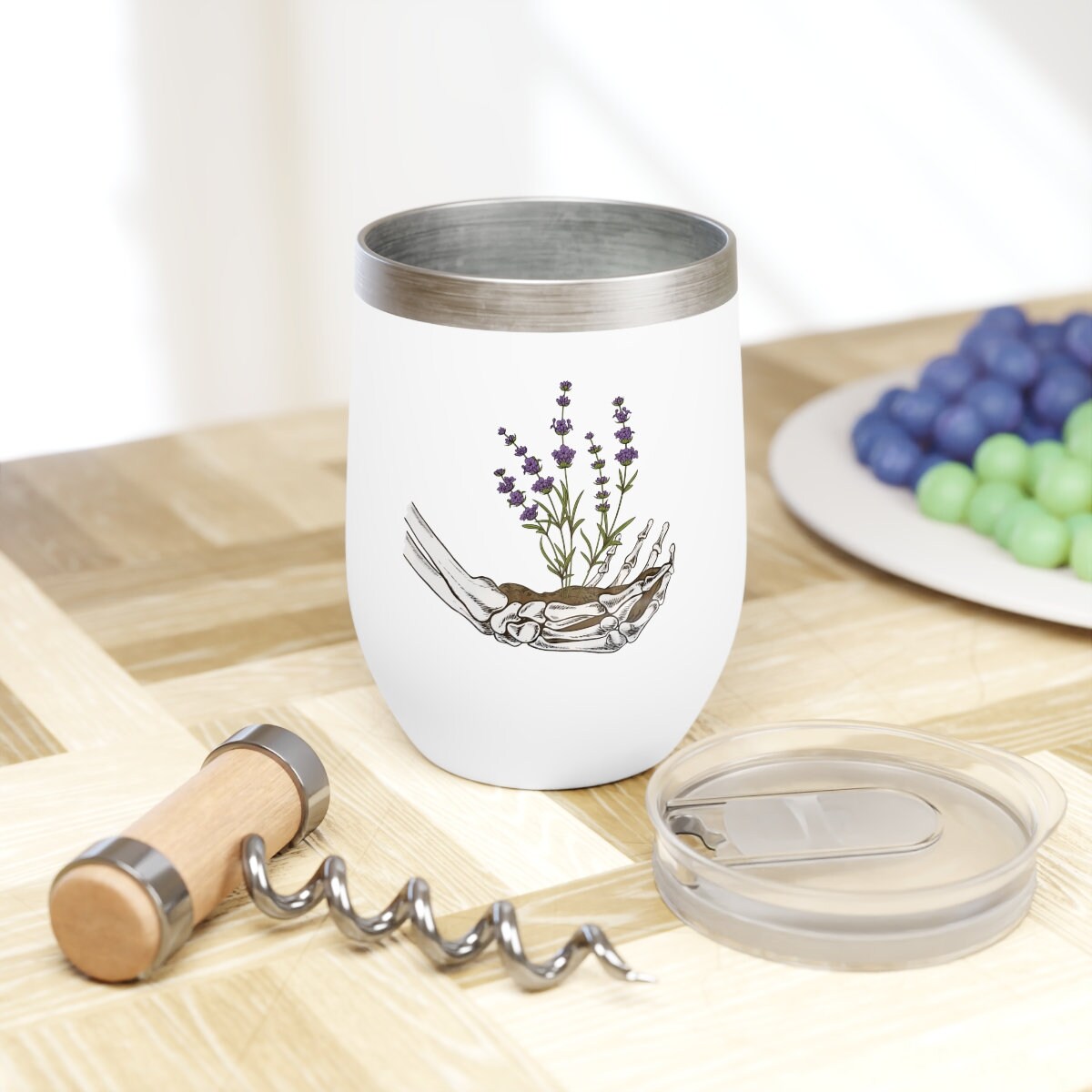 Skeleton Hand with Purple Flowers and Dirt Chill Wine Drink Tumbler