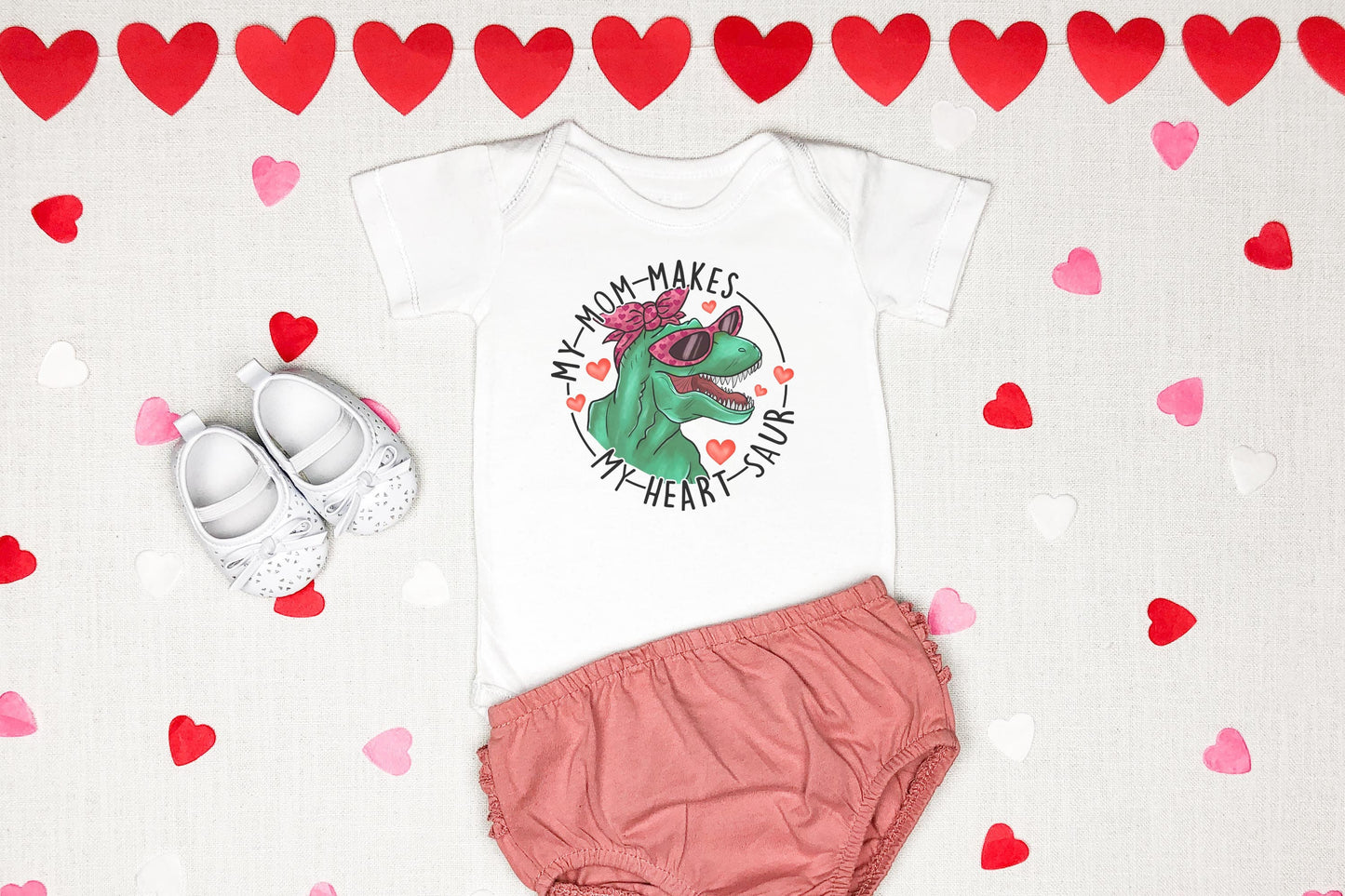 My Mom Makes My Heart Saur Dinosaur Valentine's Day Baby Onsie