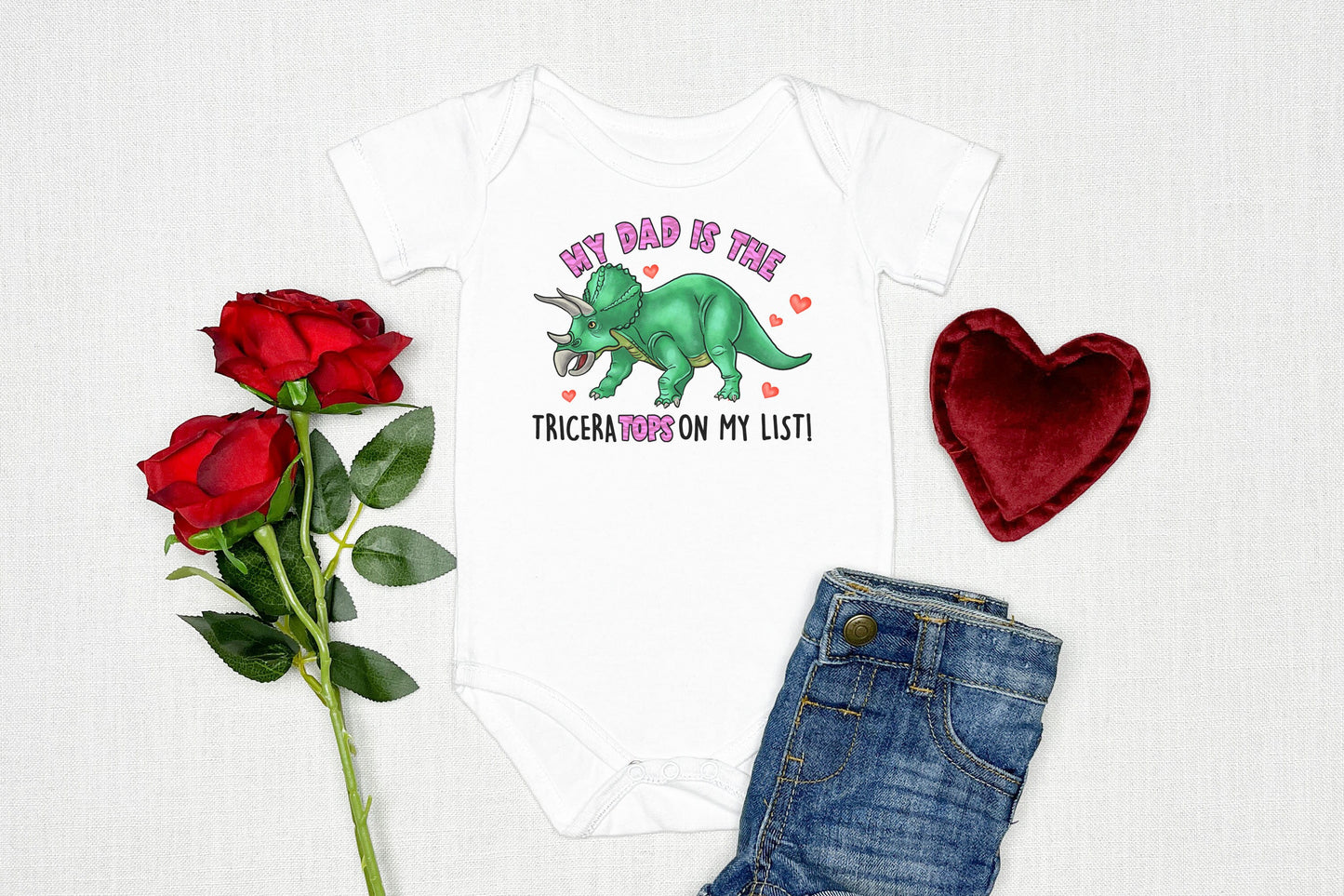 My Dad is Triceratops on My List Dinosaur Valentine's Day Baby Onsie