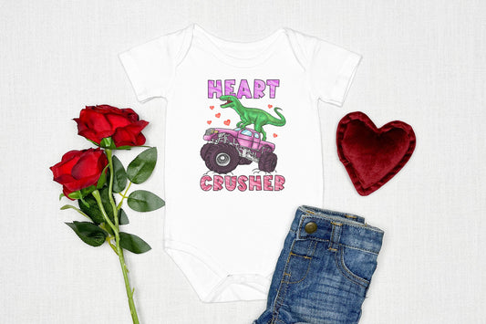 Heart Crusher Monster Truck Dinosaur Valentine's Day Baby Onsie