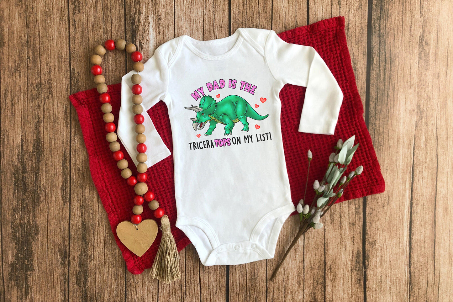 My Dad is The Triceratops on My List Dinosaur Valentine's Day Long Sleeve Baby Onsie