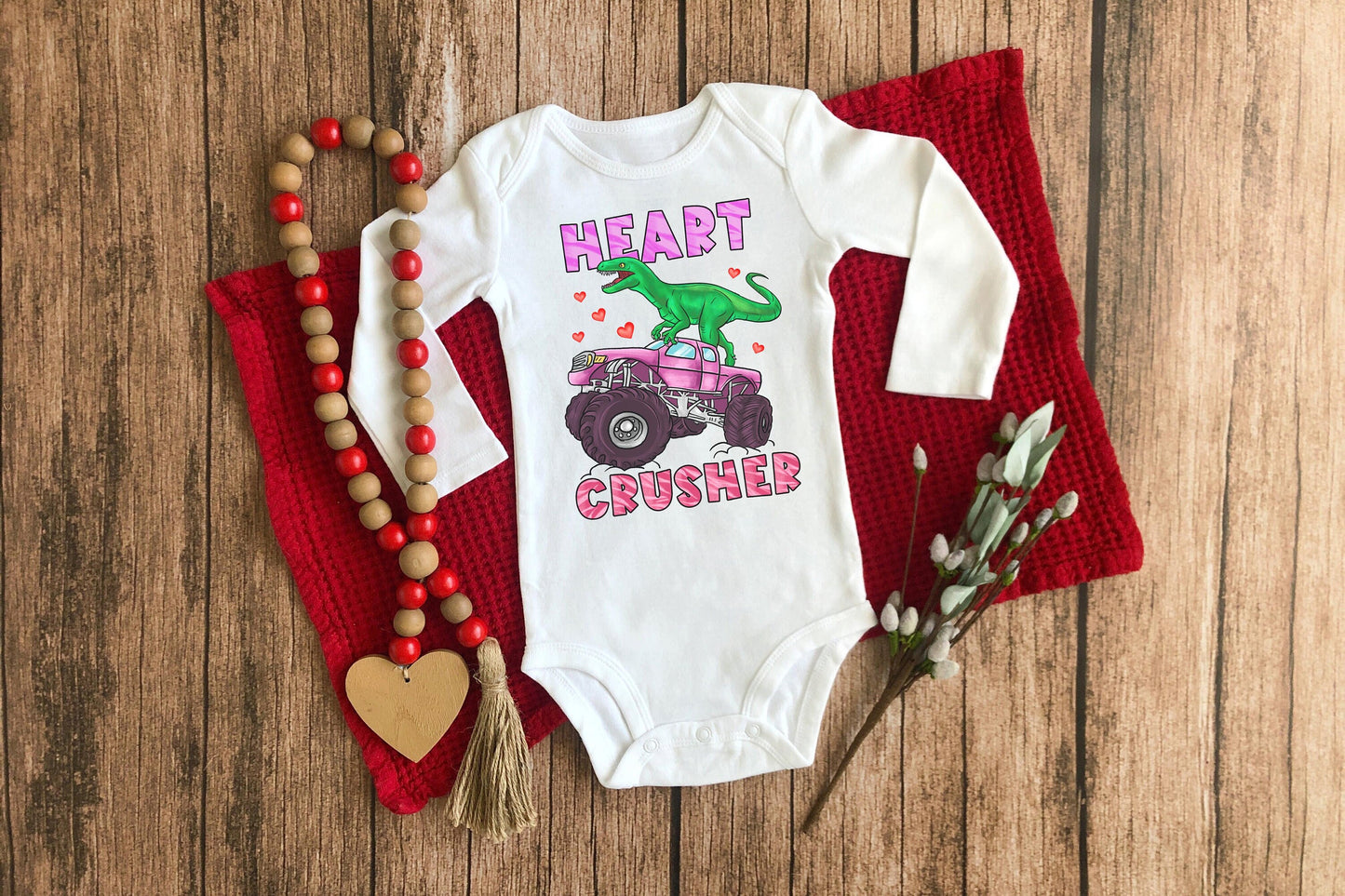 Heart Crusher Monster Truck Dinosaur Valentine's Day Long Sleeve Baby Onsie