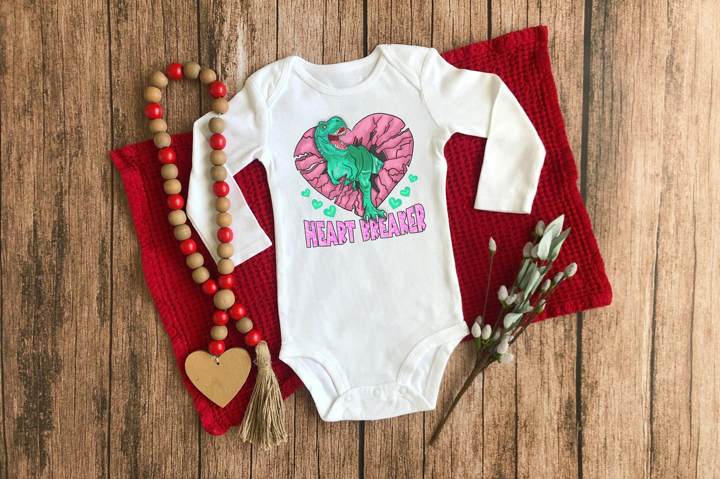 Heart Breaker T-Rex Dinosaur Valentine's Day Long Sleeve Baby Onsie