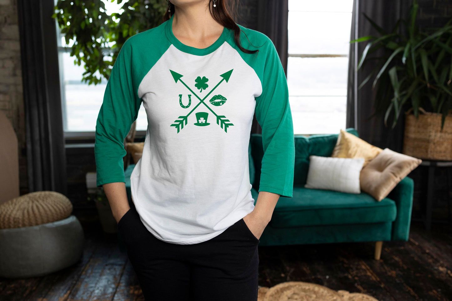 St Patrick's Day Crossed Arrows 3/4 Sleeve Unisex Baseball T Shirt St Patty's Day