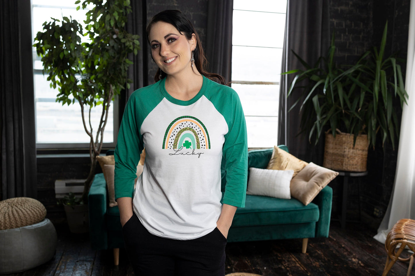 St Patrick's Day Lucky Boho Rainbow 3/4 Sleeve Unisex Baseball T Shirt St Patty's Day